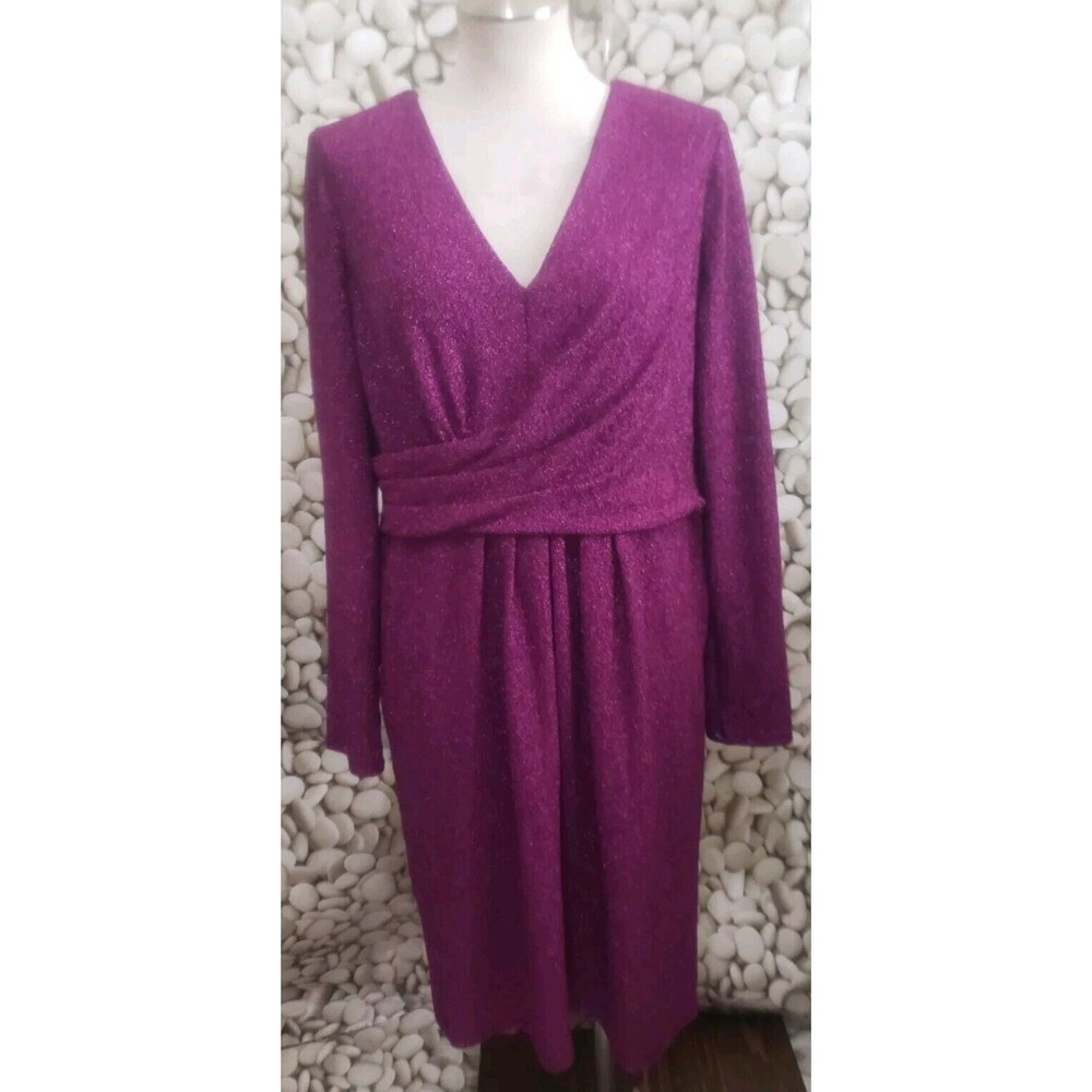 Maggy London Dress Size 16 Metallic Fuschia V Neck Long Sleeve Back Zip Lined